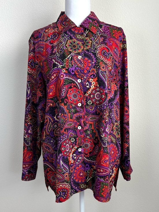 Impressions Tops - Vintage Paisley Button Shirt Women Medium Purple Red Retro Boho 90s Blouse